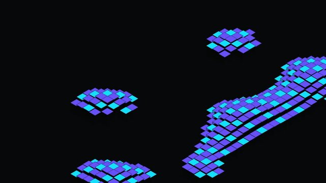 Geometric blocks disintegrate and reform across a black background cubes shapes polygon polyhedron