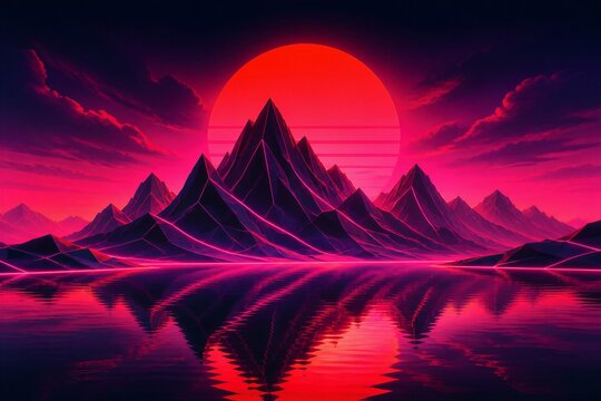 Neon mountains reflecting red sun over mirrored lake retro synthwave