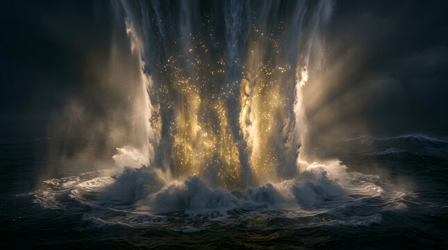 Sumerian Mother Goddess Nammu Deep Sea Creation Water Curtain Concept Art, Golden Glow and Womb Silhouette Symbolizing Unborn Deities, Concentric Ripples Contrasting Deep Sea Darkness, for Culture Edu