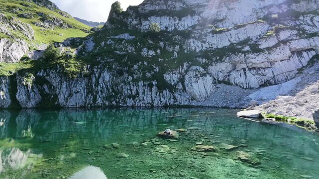 Crystal clear turquoise water of a remote alpine lake surrounded by rocks