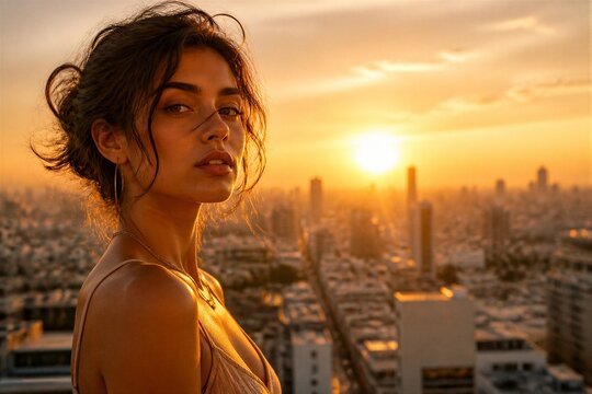 Young woman posing at sunset on urban rooftop balcony
