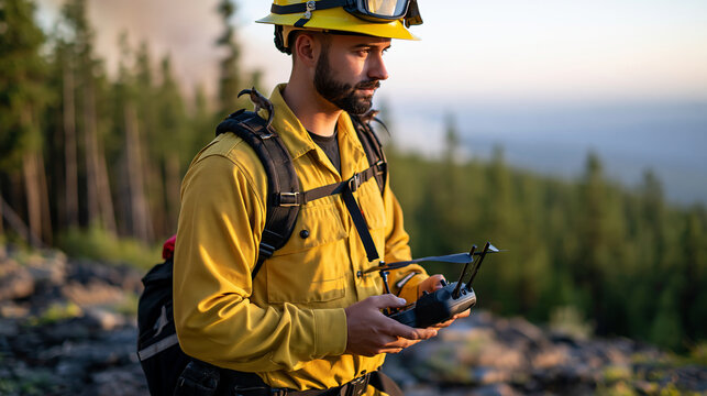 Firefighter using a drone controller while monitoring a wildfire from a safe observation point, aerial firefighting technology, drone surveillance, wildfire prevention, emergency