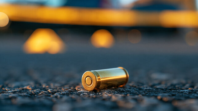 Crime scene with yellow markers positioned beside a brass bullet shell on asphalt, with copy space
