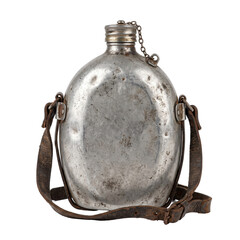 Naklejka premium Vintage metal canteen with weathered aluminum body and worn leather strap, capturing historical endurance and wartime survival for documentary illustration and military history