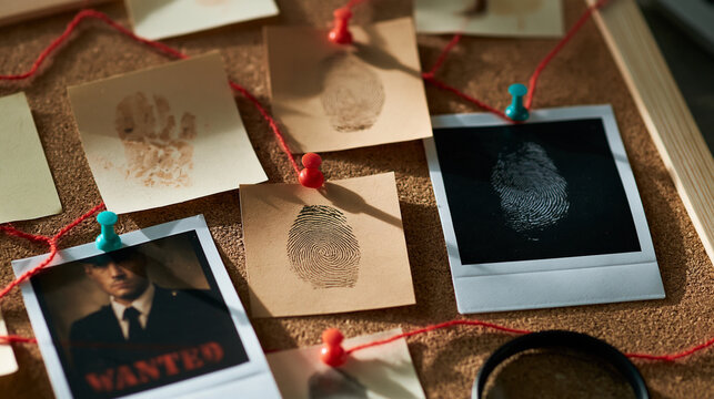 Crime investigation board with evidence, fingerprints, a wanted poster and red string connecting clues for solving a mystery, with copy space