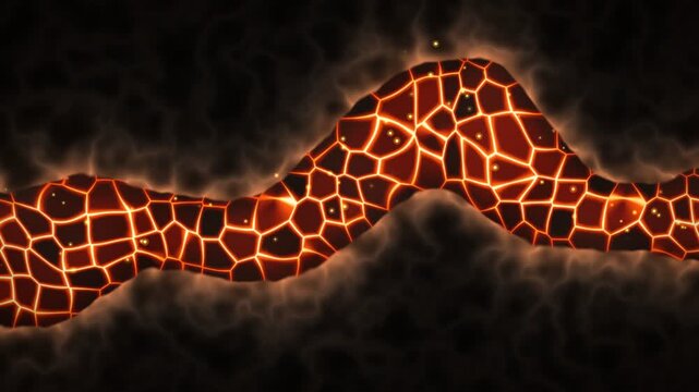 Stylized aerial view of a molten lava river with glowing cracks, dramatic volcanic background, seamless loop