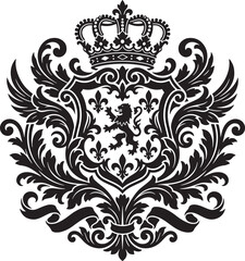 Royal heraldic crest featuring rampant lion fleur de lis crown and ornate scrollwork frame © MdHasan