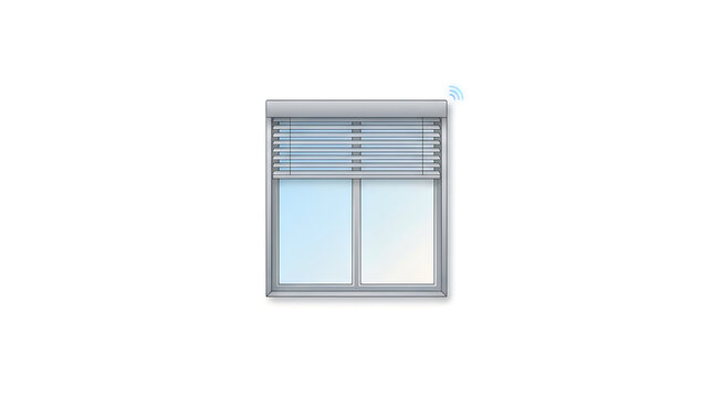 Smart home window graphics with motorized blinds and wireless signal icons for tech projects
