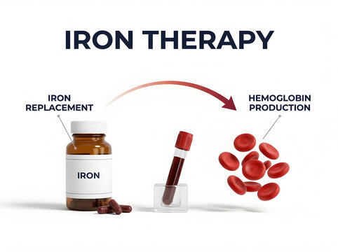 Iron therapy process with pills and hemoglobin cells isolated on white background