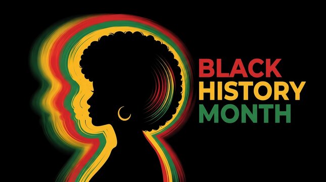 Black history month celebration graphic featuring a silhouette of a woman with afro hair and colorful glowing aura