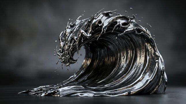 A powerful ocean wave crashes forward with intense force creating swirling water and a dark moody atmospheric scene