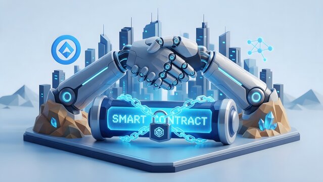 A Smart Contract: Two futuristic robotic hands shaking over a glowing digital scroll wrapped in an unbreakable luminous padlock chain