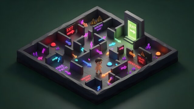 Deceptive Dark Patterns: A tangled glowing web of confusing neon arrows misleading a tiny confused avatar away from the actual bright green exit door