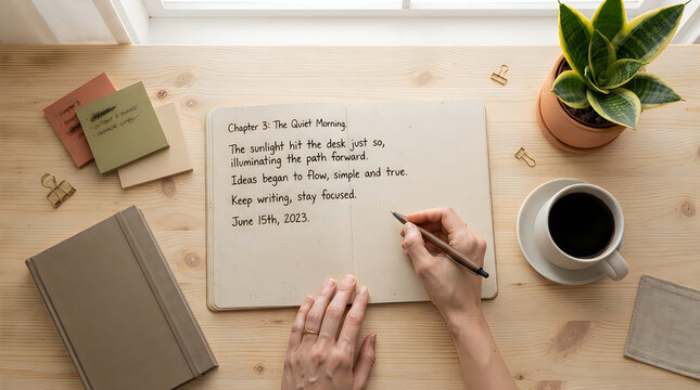 Person writing in a notebook on a wooden desk with a cup of coffee and a small green plant nearby