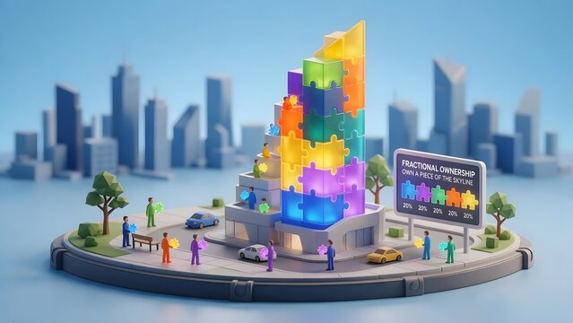 Fractional Real Estate: A sleek modern skyscraper divided into interlocking colorful glowing puzzle blocks