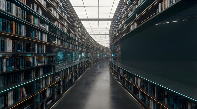 Modern library interior with long dark bookshelves and rows of books in a bright hallway corridor