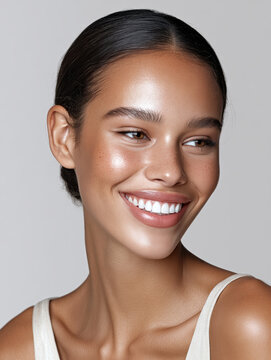 Radiant young woman with dark hair, glowing skin, natural makeup, smiling, healthy teeth, beauty portrait, studio background