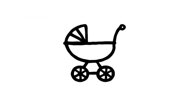 Baby Stroller For Infant Transport And Parenting Doodle Animation With Alpha Channel. Pram, Pushchair And Childcare Symbol. Animated Hand-Drawn Icon For Video Overlay 4K.