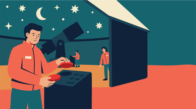 Observatory volunteer places red covers over telescope control buttons under a starry night sky, flat vector illustration