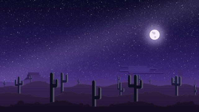 Desert cacti under a starry night sky with shooting stars, parallax scrolling landscape in dark blue and purple, seamless loop animation