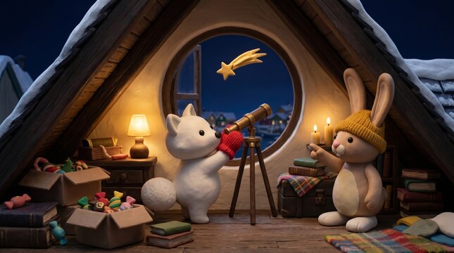 Clay fox and hare spotting a shooting star from an attic window
