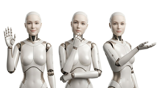 White female cyborg in sleek armor character set isolated. Futuristic android woman with expressive gestures.