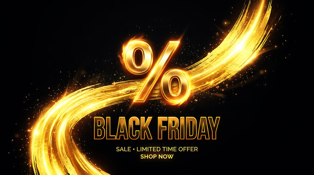 Black Friday Sale Banner with Golden Sparkles and 3D Glowing Percent Sign