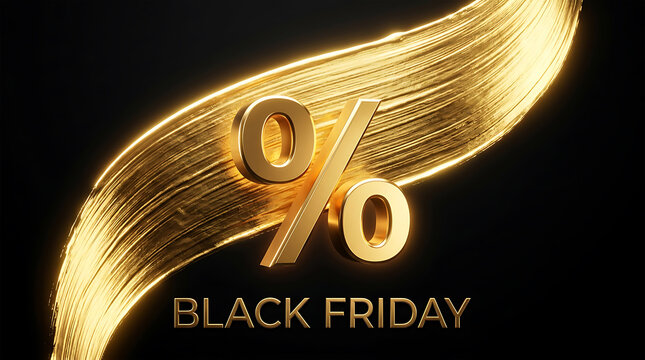 Black Friday Banner with Golden Metallic Brushstroke and 3D Percentage Sign on Dark Background