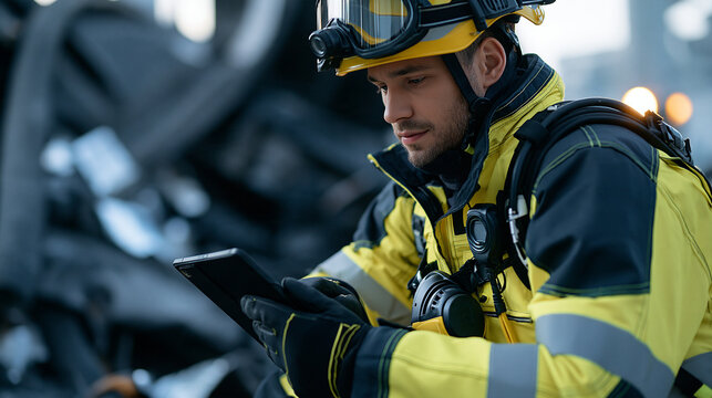 Search and rescue worker with a thermal imaging tablet examining a dark collapsed structure, disaster technology, heat detection, missing person search, emergency innovation,