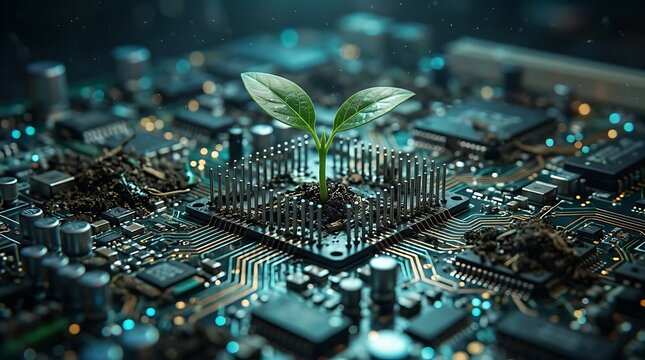 A small green plant growing from a central processor unit on a complex computer motherboard, with soil and electronic components visible in a high-tech, dark, and moody industrial setting