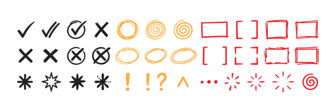 Hand Drawn Checklist Symbols Vector Elements Set With Check Marks Crosses Circles Boxes and Punctuation Marks