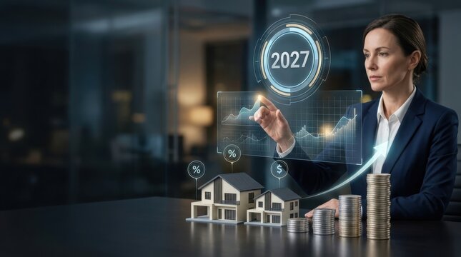 Businesswoman analyzing real estate growth projections with futuristic HUD and coin stacks