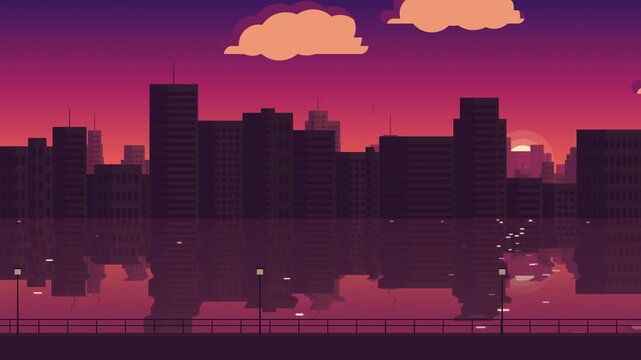 City skyline reflected in rippling water at sunset, parallax scrolling cityscape in purple and dark red, seamless loop animation