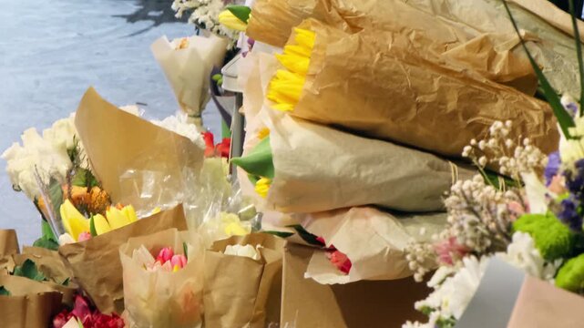 Colorful Flower Bouquets Wrapped in Paper Left on the Ground as a Tribute