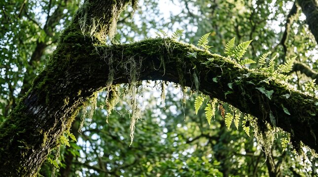 Moss and lichen hanging from an arched tree branch in a temperate rainforest