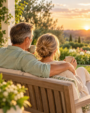 Mature couple sits together on a wooden bench, holding mugs and watching the sunset over a garden landscape. The relaxed scene suggests companionship and retirement leisure.