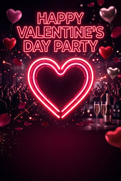 Minimalist valentines day party flyer poster template with glowing neon heart outline frame with flying red balloons and rose petals on dark background with champagne glasses setting with copyspace