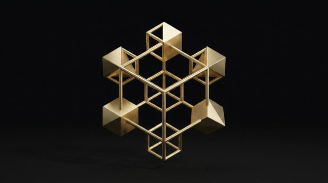 Abstract geometric structure composed of golden lines and cubes suspended in dark space representing network connectivity and logic.