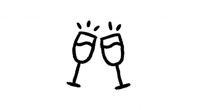 Clinking Champagne Glasses For Celebration And Toasting Doodle Animation. Cheers Symbol And Party Celebration. 4K Video Loopable Overlay Element. Hand-Drawn Animated Icon With Alpha Channel.
