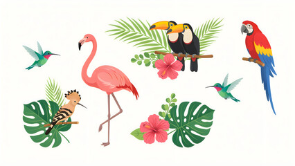 Fototapeta premium Set of colorful tropical birds with exotic flowers and green palm leaves in flat vector style