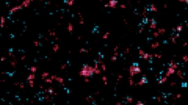 Abstract digital noise glitch with blue and pink pixels flowing on black background motion graphic video.