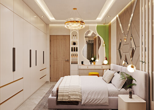 Modern luxury bedroom interior design featuring a large bed elegant vanity mirror white wardrobes and sophisticated warm ambient lighting setup