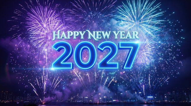 Happy new year 2027 celebration with vibrant blue and purple fireworks display over a city skyline at night