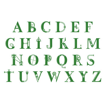 Steampunk style alphabet. Green letters with mechanical gears, keys, tools, clockwork elements, pipes, and industrial details on a white background.