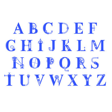 Steampunk style alphabet. Blue letters with mechanical gears, keys, tools, clockwork elements, pipes, and industrial details on a white background.