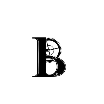 Steampunk letter B featuring mechanical cogs, gears, and industrial hardware details, black vector icon isolated on a white background.