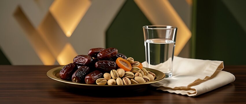 Ramadan iftar meal with sweet dates and pistachios served with a