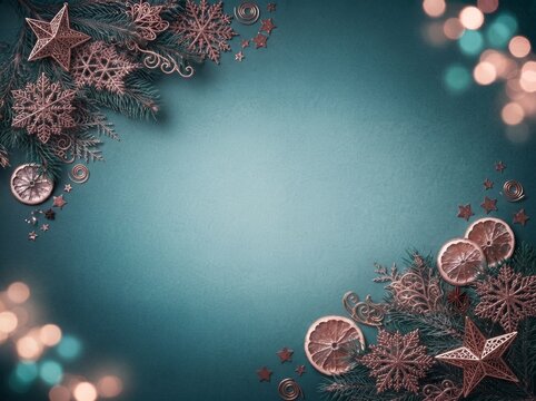 Teal and rose gold Christmas background with fir branches and ornaments