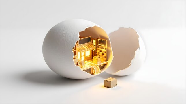 A cracked white eggshell reveals glowing golden digital cubes emerging from within, representing digital wealth, technological innovation, hidden value, and the birth of new financial opportunities.