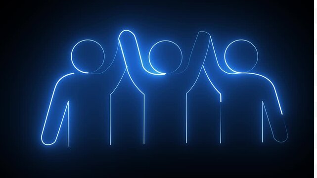 Two glowing wireframe people embracing in blue light
